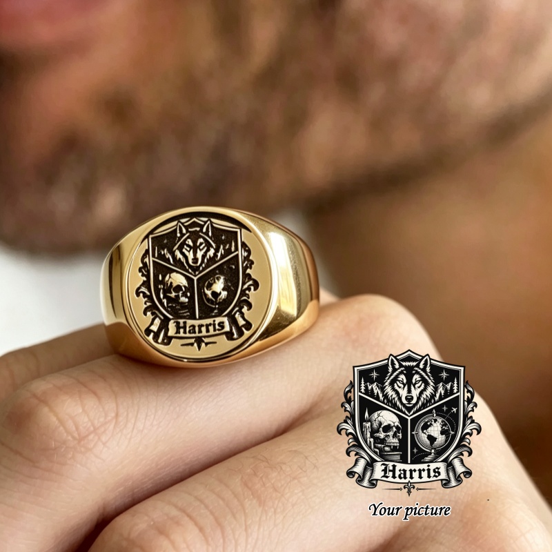 Initial Ring Custom - カスタム写真入りシグネットリング、パーソナライズされたファッションリング、2Dロゴ刻印、ステンレス製リング、男性向けカスタムジュエリー、ギフト。