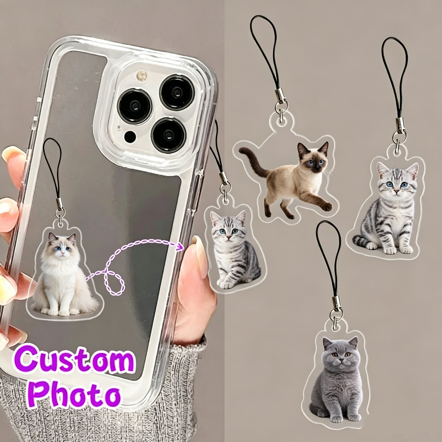 Pet Portrait Custom - ペットの写真を使ったオリジナルデザインの携帯電話用ペンダント、猫の写真を使ったアクリル製の携帯電話用チャーム、写真を入れられるオリジナルデザインの携帯電話用ストラップ、かわいいペット好きのための誕生日プレゼント。