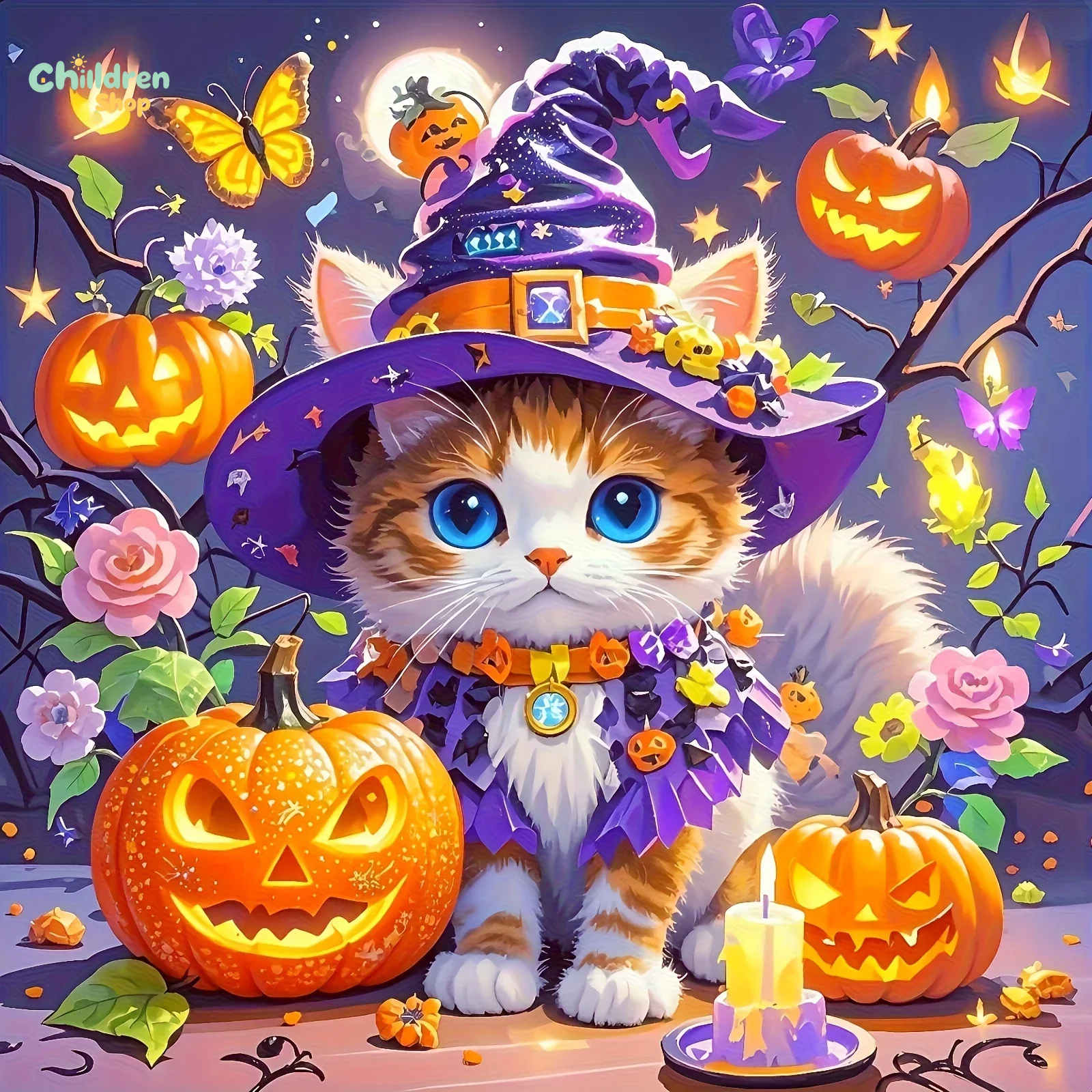 ハロウィーンの魔法使い猫のダイヤモンドペイントキット。正方形 - Photo Mosaic Print のレビューと価格